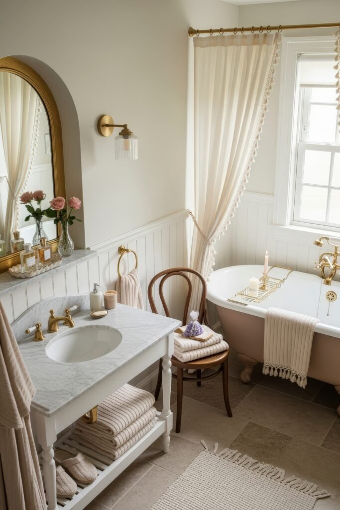 Elegant Ways to Layer french vintage bathroom décor 21 Light and airy bathroom with a white marble vanity, clawfoot tub, gold fixtures, and soft cream curtains, styled with roses and folded towels for a refined french vintage bathroom décor.