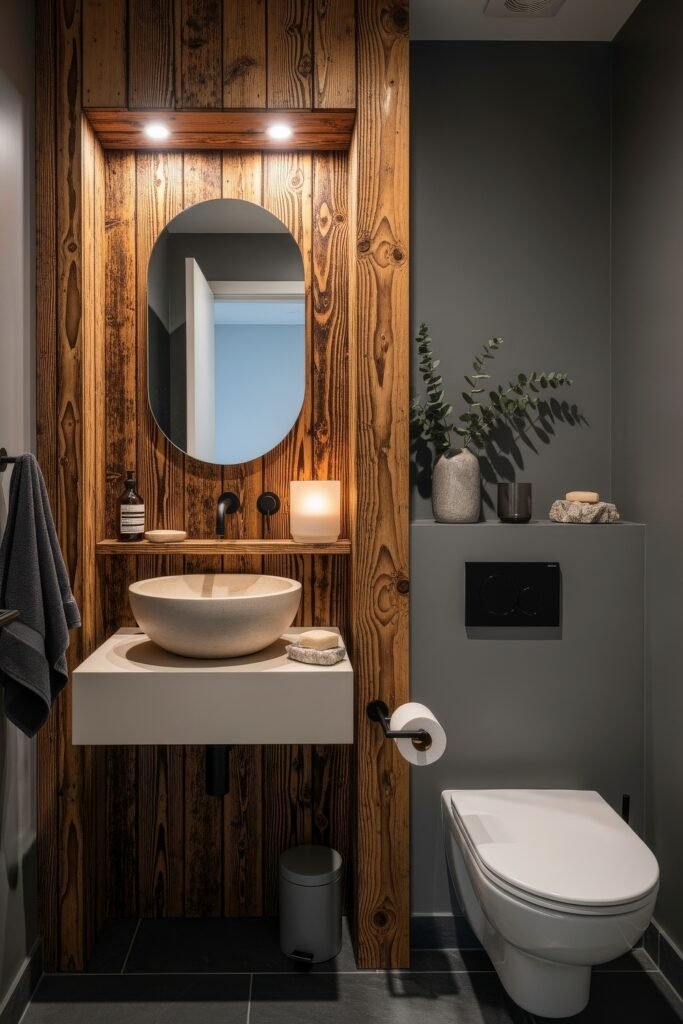 Half Bathroom Decor, Elevated: Jewel-Box Ideas 25 Small modern half bath with rustic wood paneling, vessel sink, oval mirror, and warm accent lighting.