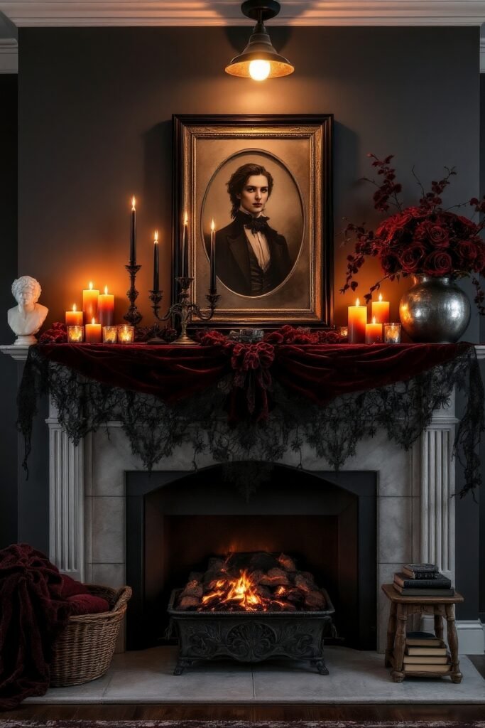 Spooky-Chic Halloween Fireplace Décor: Stylish Mantel Ideas 22 A Victorian-inspired fireplace with a red velvet and lace-draped mantel, lit candles, a silver vase of deep red roses, and a vintage portrait above for a dramatic spooky-chic Halloween home look.