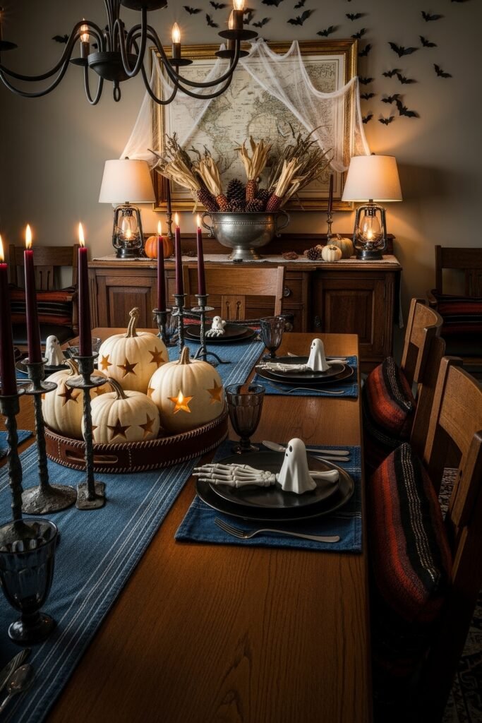 Spooky-Chic Magic: halloween home décor Ideas You’ll Love 24 Dining room with white pumpkins carved with stars, ghost napkin holders, black candles, and a rustic harvest centerpiece beneath cobwebs.