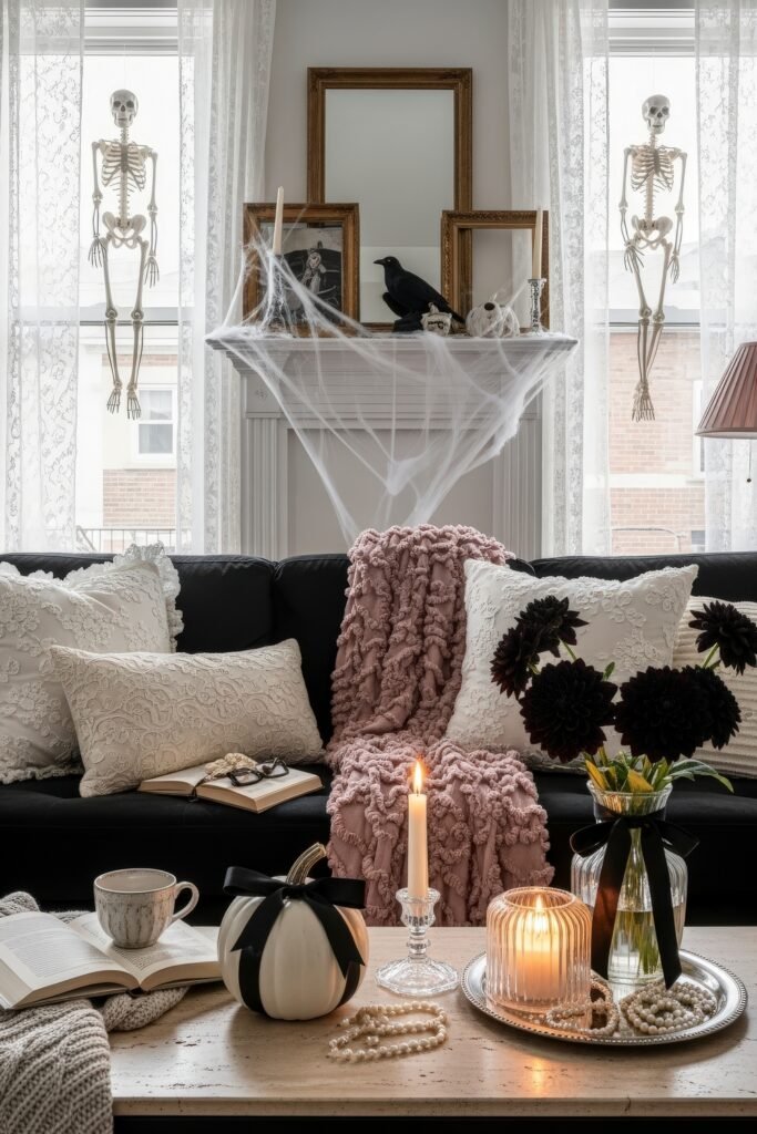 Stylish halloween living room Ideas: 15 Fresh Styles 24 Cozy halloween living room with lace curtains, twin skeletons by the windows, cobwebs on the mantel, and soft pink and ivory textiles.