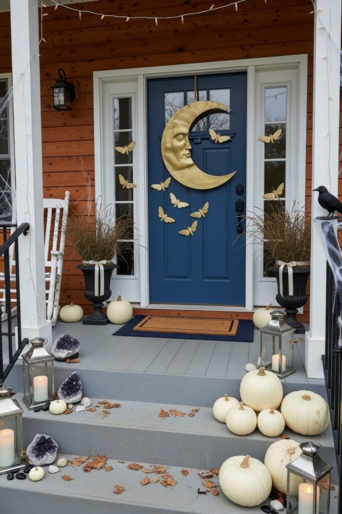 Spooky-Chic halloween porch ideas for Instant Curb Appeal 23 Front porch featuring a large golden crescent moon, fluttering butterflies, white pumpkins, lanterns, and clusters of crystals for a celestial Halloween look.