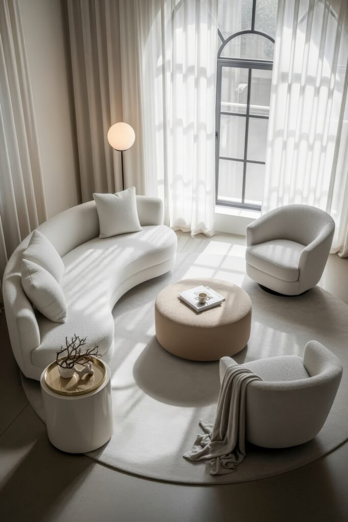 Ideas to Nail a Luxury Apartment Aesthetic 23 Bright lounge with a curved white sofa, round ottoman, and boucle armchairs arranged on a circular rug, illuminated by natural light from tall arched windows.