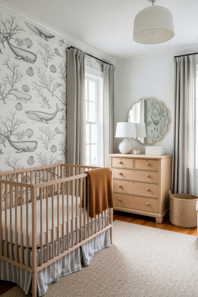 Fresh nautical nursery ideas for a calm, stylish baby room 23 Bright nursery featuring gray whale and seashell wallpaper, natural wood crib, striped curtains, and a scalloped mirror for a coastal touch.