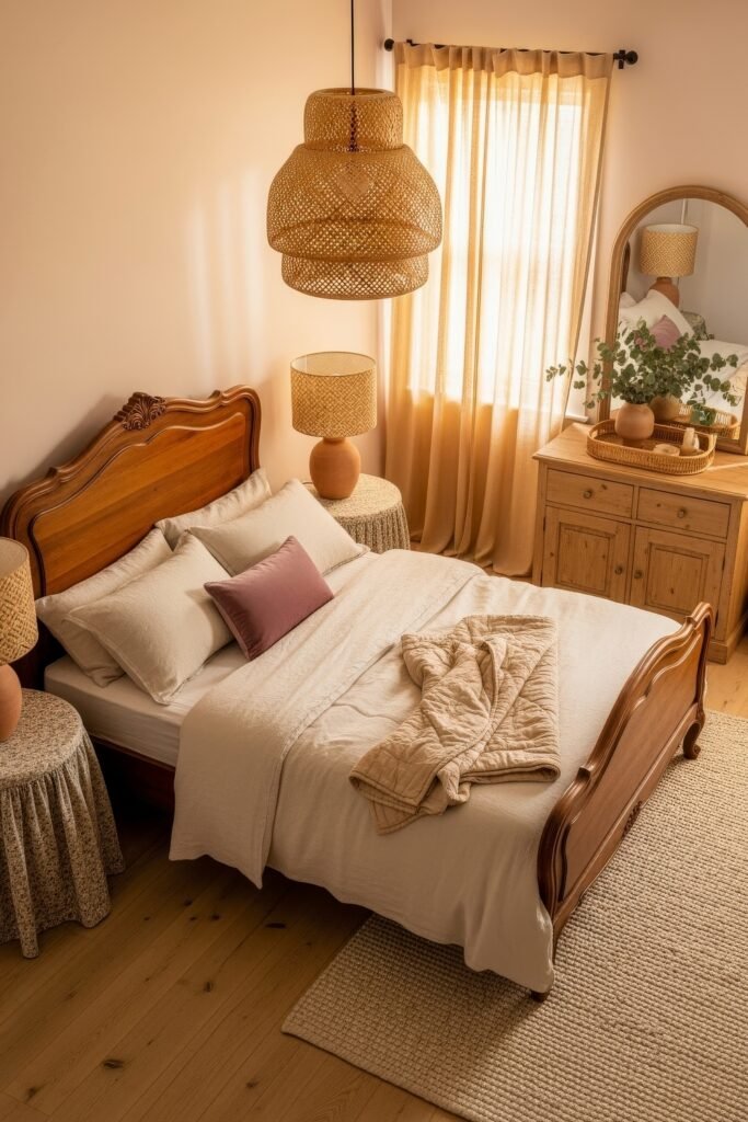 Sweet Ideas for a Romantic Cozy Farmhouse Bedroom 22 Warm cozy bedroom with a carved wooden bed, cream bedding, purple accent pillow, and woven light fixtures casting a golden glow.