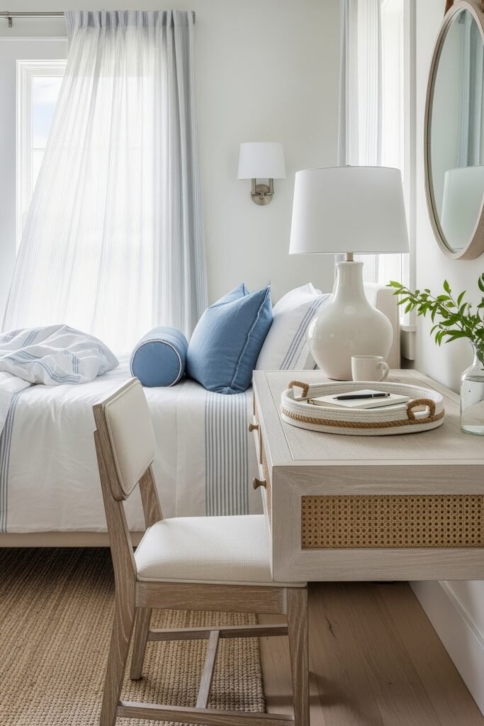 Small Bedroom Office Combo Ideas That Actually Look Chic 29 Airy coastal bedroom with a cane-front desk, upholstered chair, and round mirror, paired with blue-and-white bedding.
