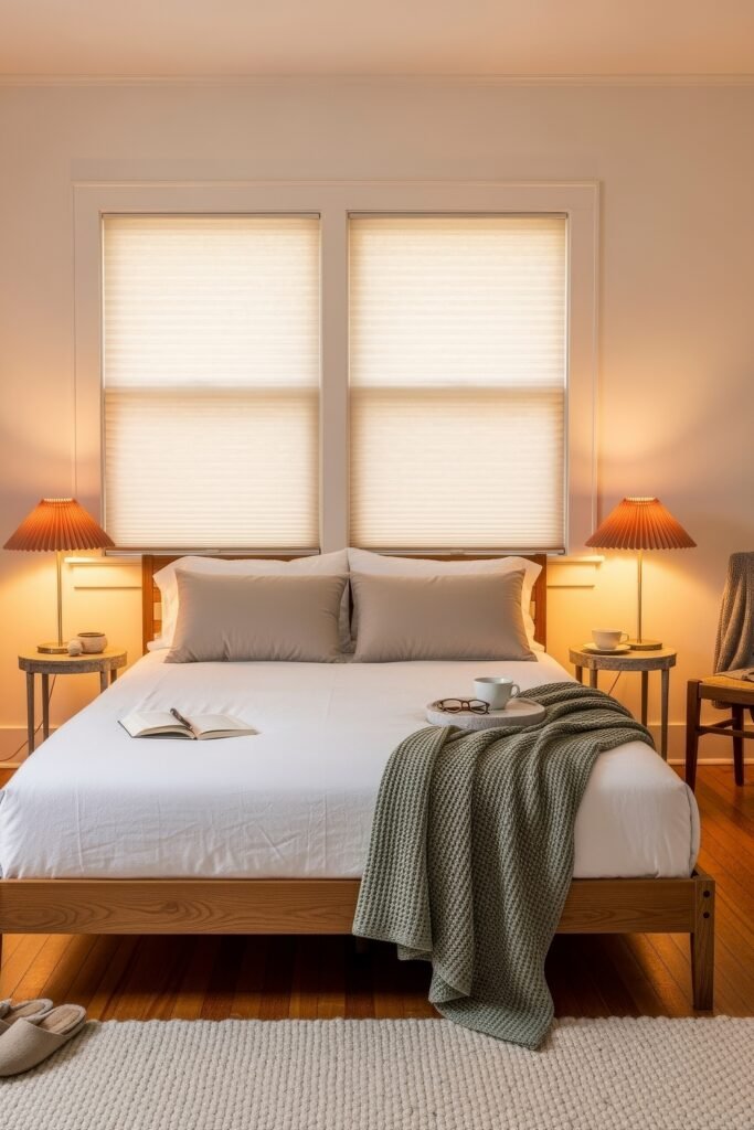 Small Bedroom Style Ideas: 15 Chic Looks That Work 30 Minimal small bedroom idea with soft lighting, taupe bedding, and a green textured throw draped over the bed.