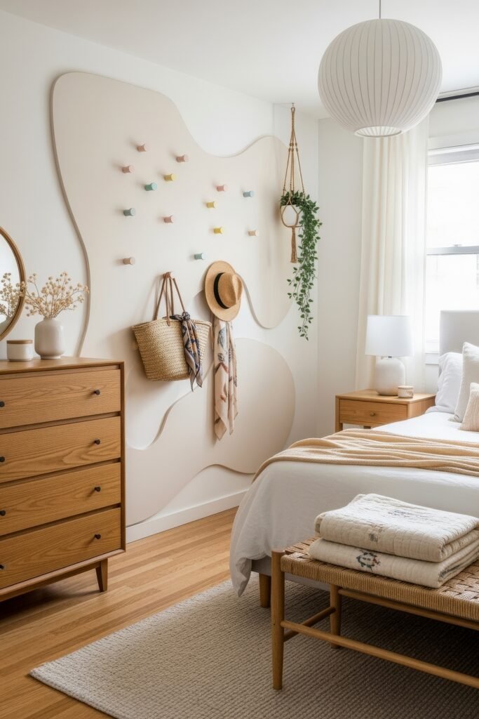 Smart, Stylish Storage Ideas for Small Bedrooms 26 Cozy bedroom with a sculptural wall-mounted coat rack holding hats and scarves, natural wood furniture, and hanging greenery.