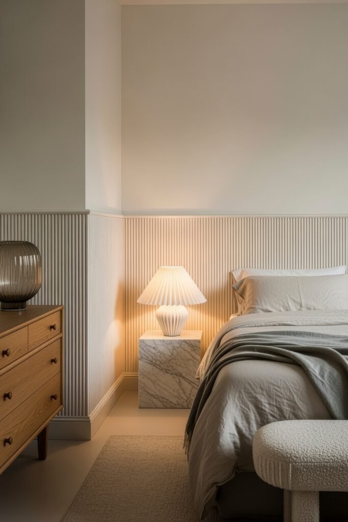 Chic Ideas for Aesthetic Apartment Decor That Feels Effortless 27 Calm bedroom with a marble nightstand, pleated lamp, soft neutral bedding, and wooden dresser, styled with modern organic decor.
