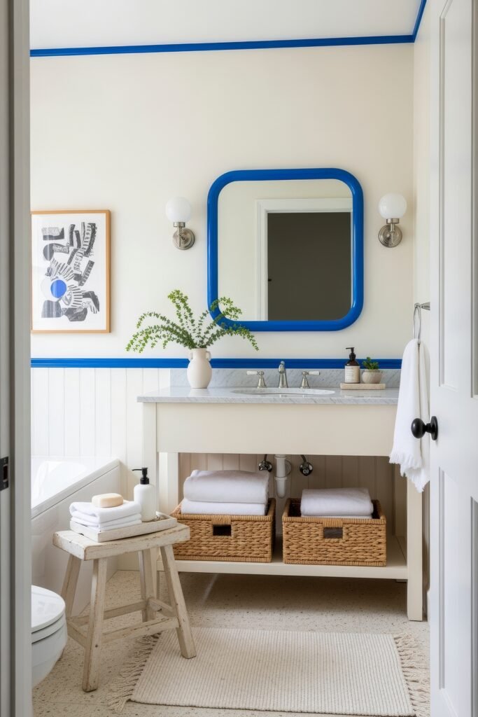 Blue Bathroom Decor: Fresh, Wow-Worthy Ideas 25 Fresh bathroom with cream walls, blue framed mirror, and woven storage baskets adding warmth to blue bathroom decor.