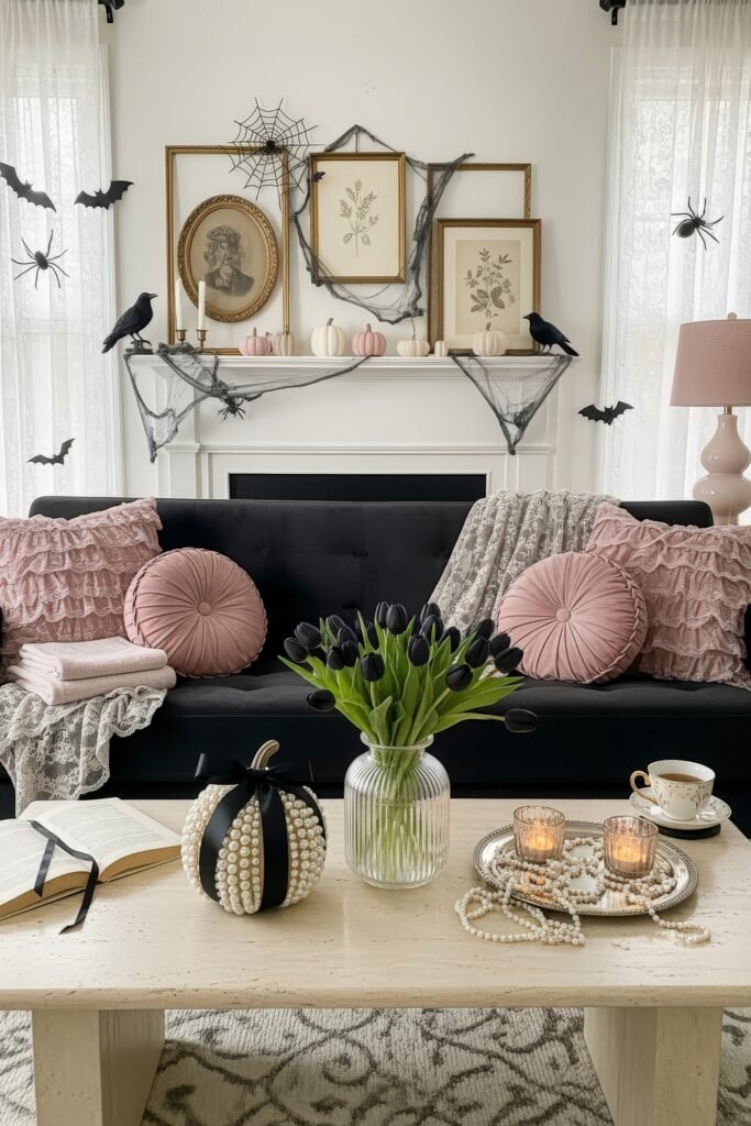Stylish halloween living room Ideas: 15 Fresh Styles 25 Spooky-Chic Halloween Home with blush and black decor, pearl-accented pumpkins, cobwebs, and black tulips in a vase.