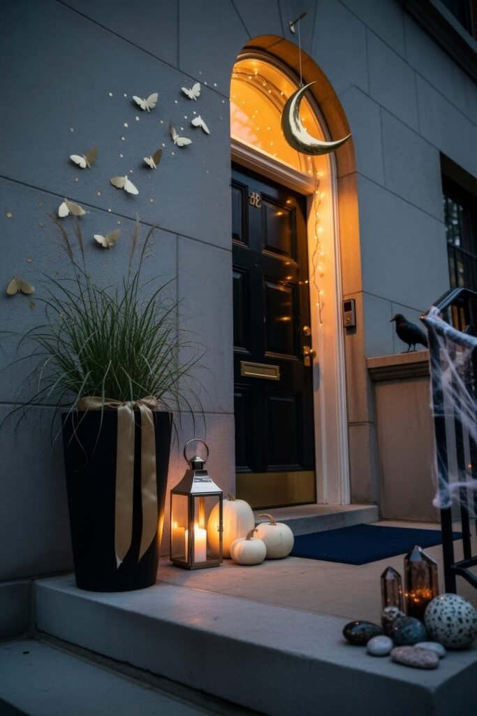 Spooky-Chic halloween porch ideas for Instant Curb Appeal 24 Moody doorway with a golden crescent moon, glowing fairy lights, butterflies, pumpkins, lantern, and black crow detail.