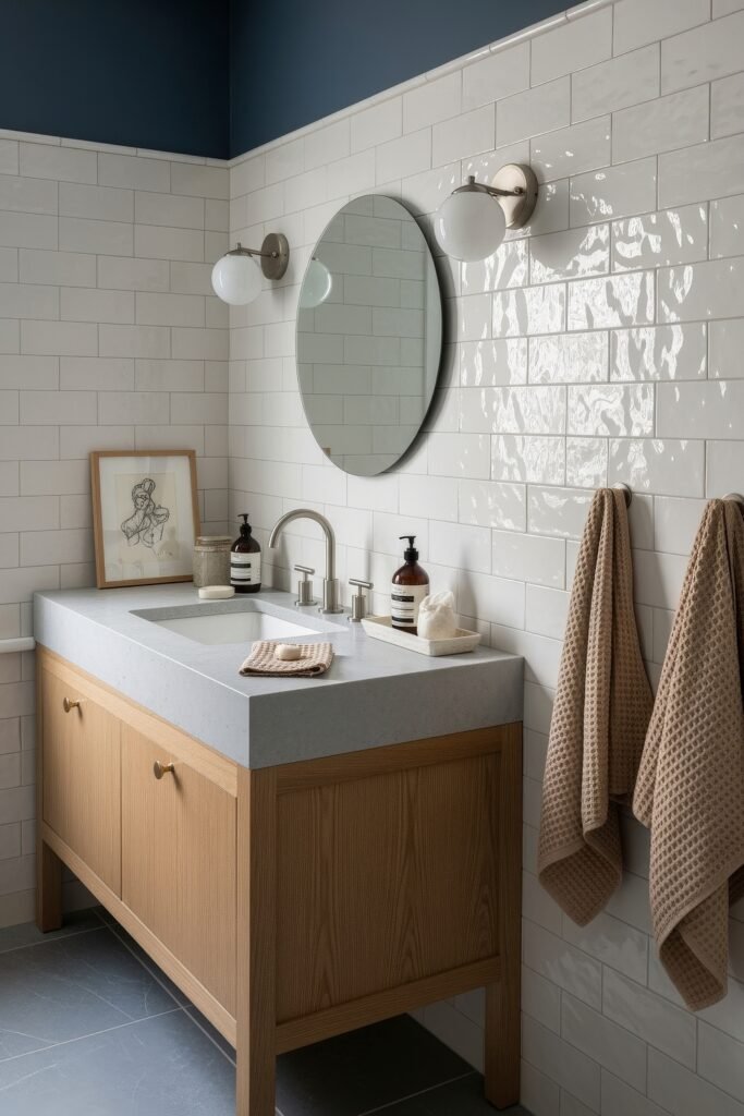 Bathroom Decor Ideas for Calm, Color, and Character 16 Modern bathroom with a mid-century feel, featuring glossy white subway tiles, a wooden vanity, circular mirror, and matte fixtures—combining warmth and simplicity in bathroom decor.