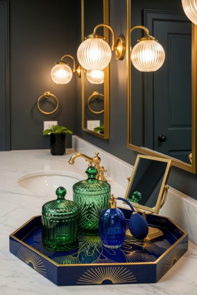 Stylish Bathroom Tray Ideas to Instantly Elevate Your Vanity 20 A navy and gold octagonal bathroom tray with two green glass jars, a cobalt blue perfume atomizer, and a vintage-style mirror, placed on a marble vanity against a deep blue wall with brass accents.