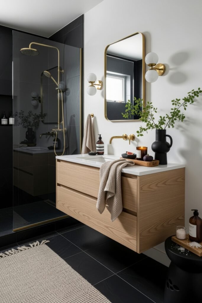 Black and Gold Bathroom Decor Ideas for Luxe Everyday Calm 24 Sleek bathroom with floating wood vanity, black tiled shower, gold fixtures, round-edged mirror, and decorative greenery, styled with candles for a cozy touch.