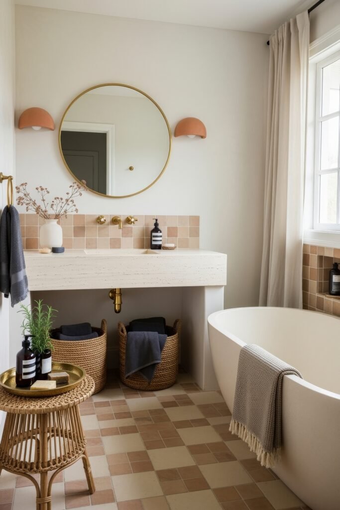 Fresh Ways to Layer Boho Bathroom Decor 24 Soft-toned bathroom with round mirror, freestanding tub, light checkered tile floor, and woven baskets for simple Bathroom Decor Inspo.
