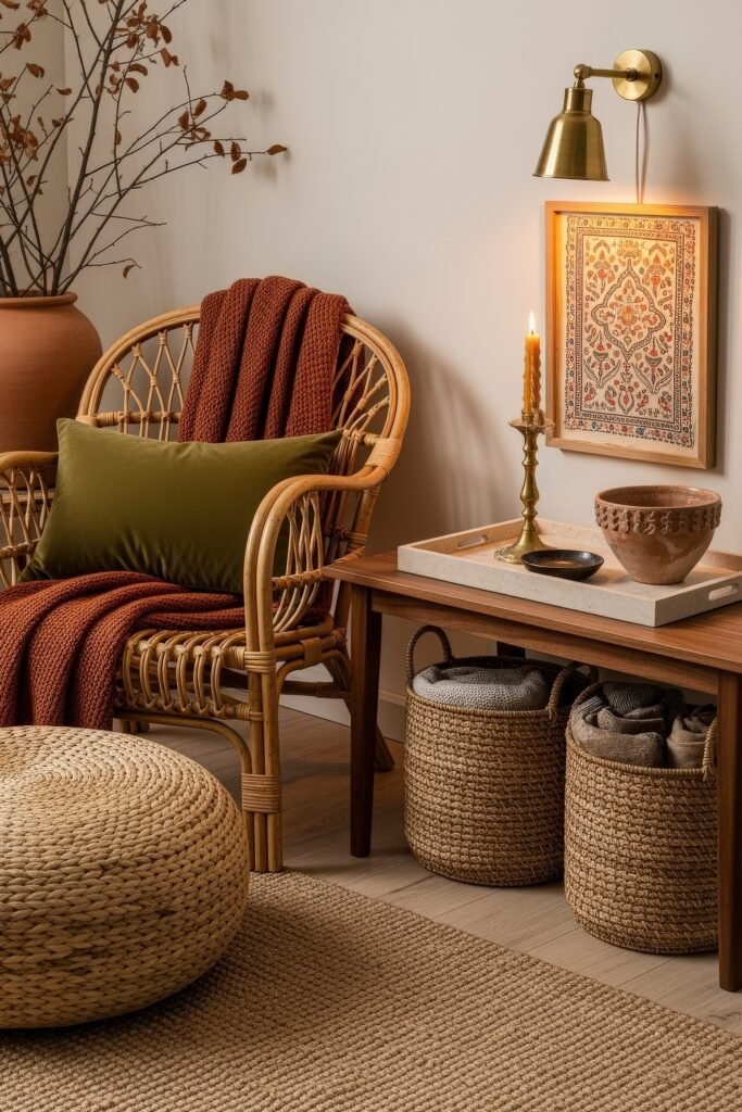 Cozy Boho Fall Decor: Ideas for Warm, Collected Style 27 Cozy reading corner with a rattan chair, olive pillow, rust throw, brass candlestick, and autumn accents for warm seasonal style.