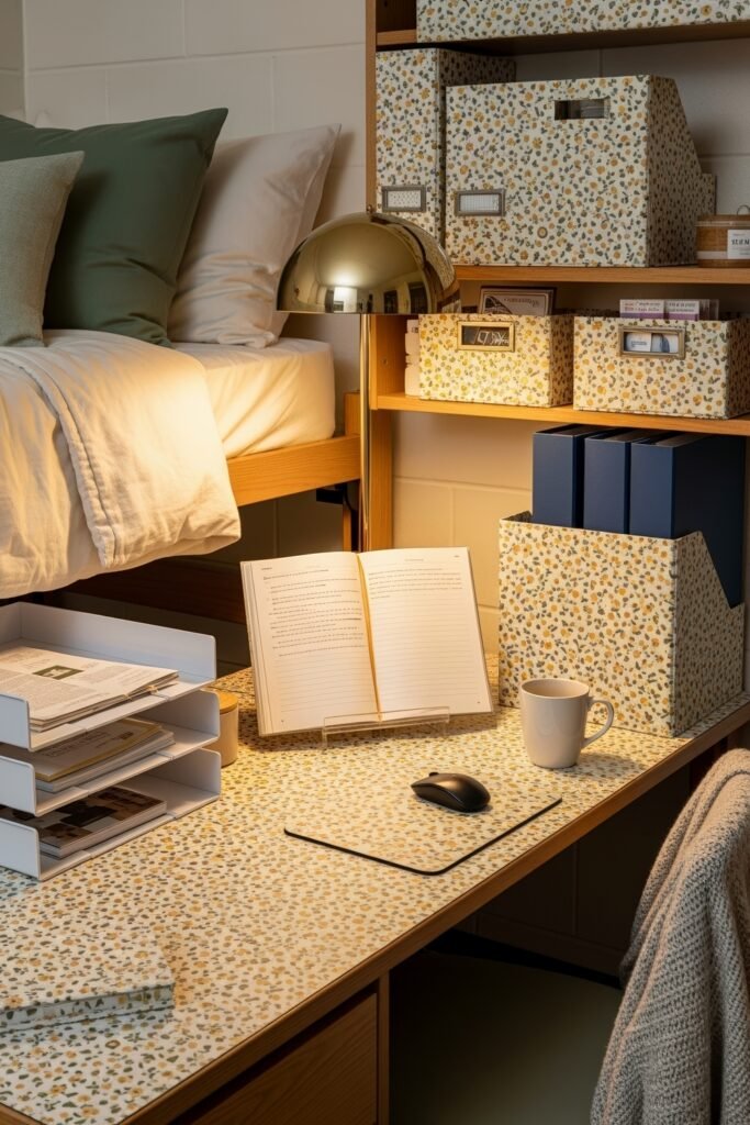 Dorm desk organization ideas for a chic glow-up 19 Cozy dorm study corner featuring floral-patterned storage boxes, a golden lamp, stacked binders, and an open notebook on the desk.