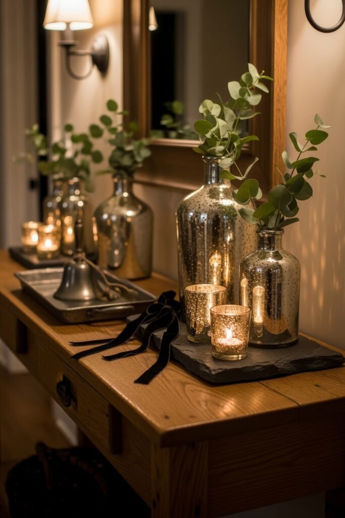 Fresh farmhouse fall decor Ideas for a Cozy, Modern Home 26 Wooden console table with mirrored backdrop, silver vases of greenery, and glowing votive candles, styled with elegant fall decor accents.