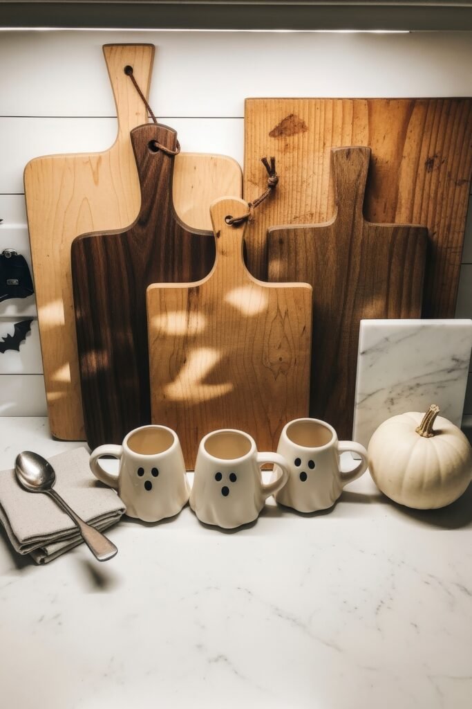 Chic Farmhouse Halloween: 13 Cozy, Stylish Decor Ideas 19 Three ghost-shaped mugs on a counter in front of stacked wooden cutting boards, with a spoon and white pumpkin for a playful Halloween kitchen display.