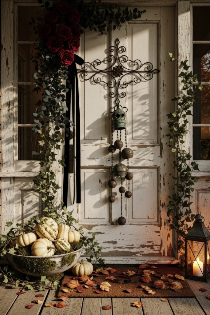 Chic halloween door hangers to elevate your entry 20 Weathered white front door with wrought iron scrollwork, a rustic skull bell Halloween door hanger, red roses, trailing ivy, and gourds with autumn leaves.