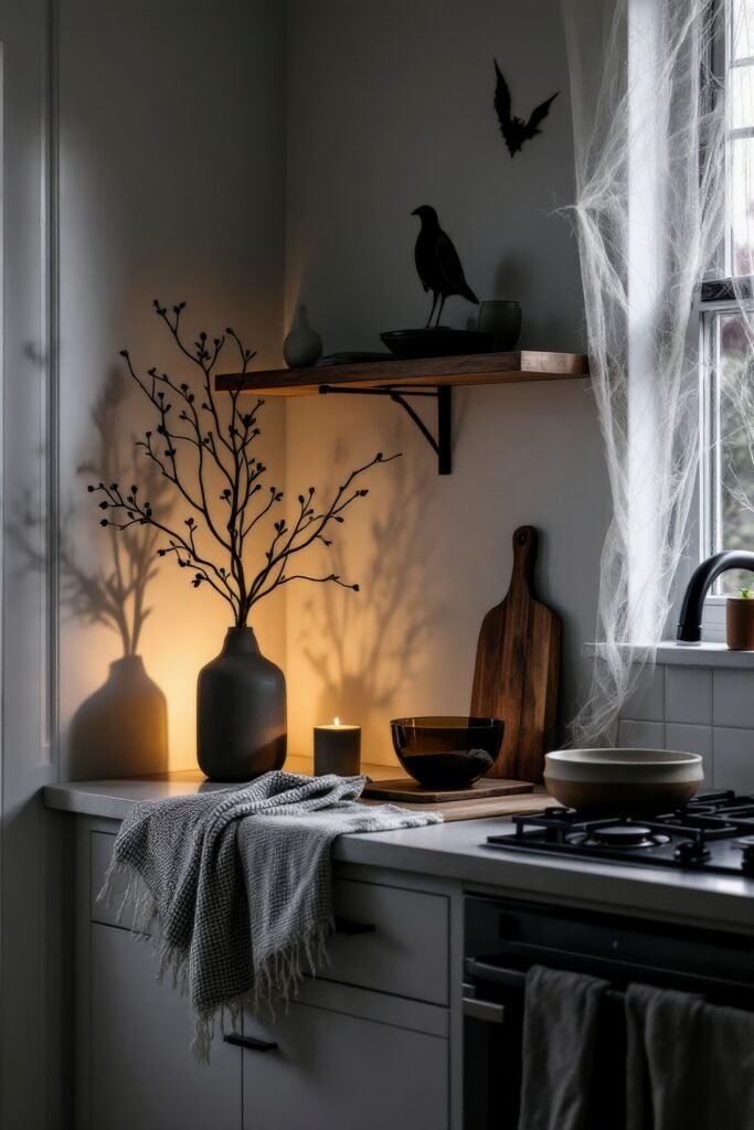 Fresh Ideas for your halloween kitchen 22 A moody halloween kitchen corner featuring a black vase with branches, a lit candle casting dramatic shadows, cobwebs by the window, and a raven figurine on a shelf.