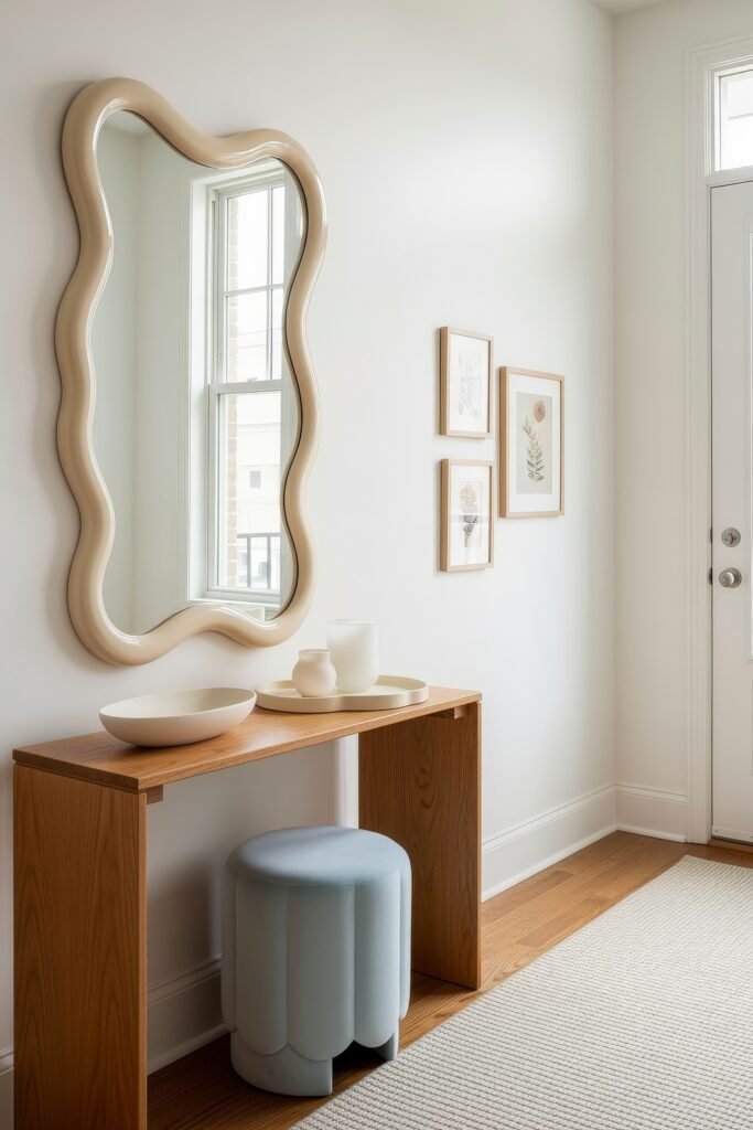 Chic Ideas for Aesthetic Apartment Decor That Feels Effortless 28 Bright entryway with a wavy-framed mirror above a slim console table, soft-toned ceramics, and a pale blue stool adding a playful touch.