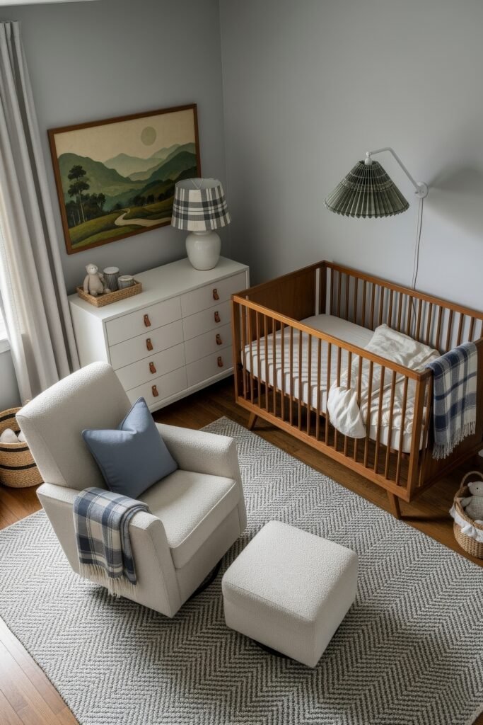 Dreamy Nursery Bedrooms: Baby Nursery Ideas for Boy 23 Cozy nursery with warm wood crib, gray walls, plaid accents, landscape artwork, and a soft armchair creating a timeless look.