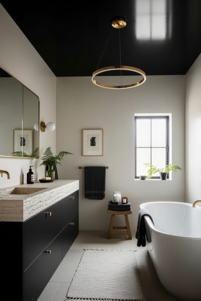 Black and Gold Bathroom Decor Ideas for Luxe Everyday Calm 25 Contemporary bathroom with a freestanding tub, black vanity with stone countertop, gold accents, and a glossy black ceiling with a striking gold-ring chandelier.