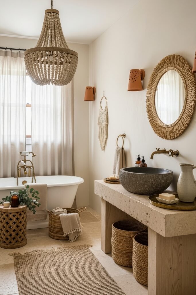 Fresh Ways to Layer Boho Bathroom Decor 25 Neutral bathroom with freestanding tub, stone sink, woven chandelier, and natural textures for calming boho bathroom decor.