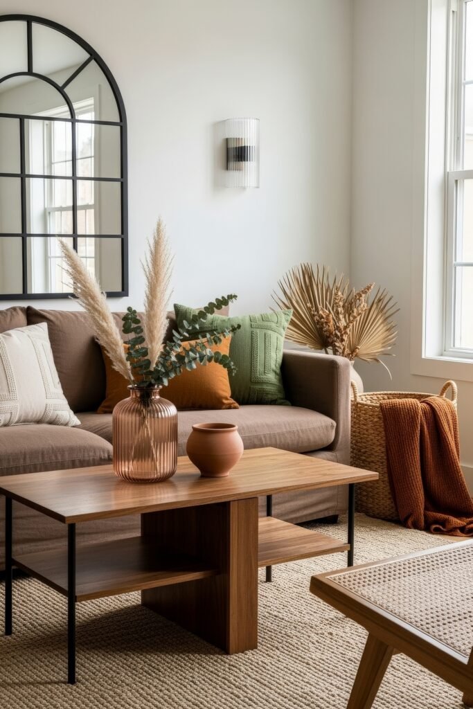 Cozy Boho Fall Decor: Ideas for Warm, Collected Style 28 Bright living room with a taupe sofa, mix of rust and green pillows, pampas grass in a ribbed glass vase, and woven basket with a cozy throw.
