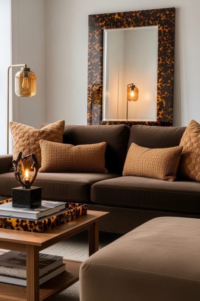 Chic Ideas for a Brown Apartment Aesthetic 23 Cozy living room featuring a deep brown sofa with textured amber pillows, tortoiseshell-framed mirror, golden accent lighting, and a wood coffee table styled with books and sculptural decor—bold and layered brown apartment aesthetic.