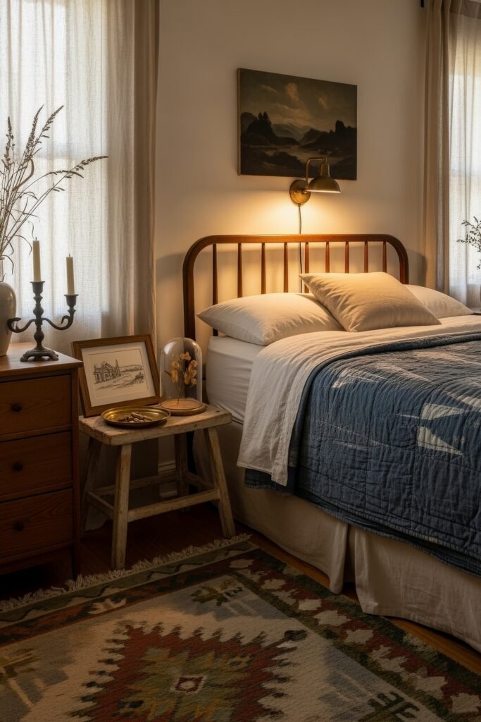 Soft & Stylish: Cozy Bedroom Ideas for an Effortless Retreat 28 Rustic-inspired bedroom with a wooden spindle headboard, blue quilt, vintage landscape painting, and a side table styled with antique décor.