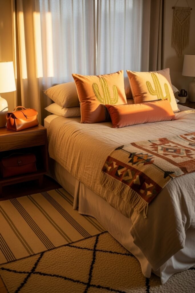 Dreamy Ways to Style a Cozy Boho Bedroom 24 Golden sunset tones fill this cozy bedroom featuring cactus-embroidered pillows, warm textiles, a tribal-patterned throw, and a striped layered rug, enhanced by soft lighting and macrame wall art.