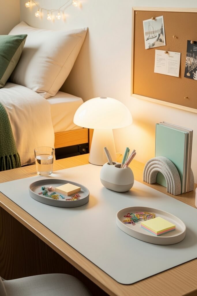 Dorm desk organization ideas for a chic glow-up 20 Clean modern dorm desk with pastel accents, a white mushroom lamp, rainbow-shaped bookend, and neatly arranged supplies.