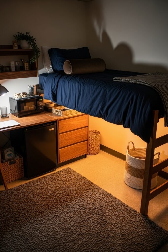 Dorm Room Ideas for Guys That Feel Grown 20 Moody dorm room ideas for guys with a navy bedspread, raised loft bed, glowing under-bed lighting, wood desk with microwave and fridge, and cozy woven baskets.