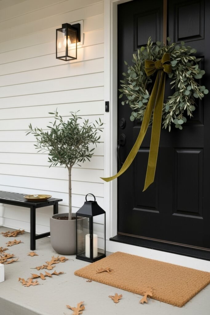 Cozy Entry Glow: Fall Porch Ideas to Try 25 Black door with an olive wreath tied in a velvet ribbon, paired with a potted tree, lantern, and scattered fall leaves.