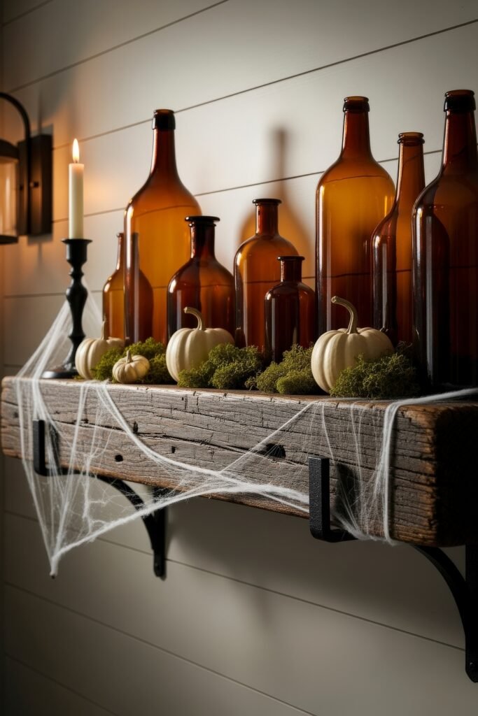Chic Farmhouse Halloween: 13 Cozy, Stylish Decor Ideas 20 Rustic wooden shelf decorated with amber glass bottles, mini white pumpkins, moss, a black candlestick, and faux cobwebs for moody farmhouse Halloween décor.