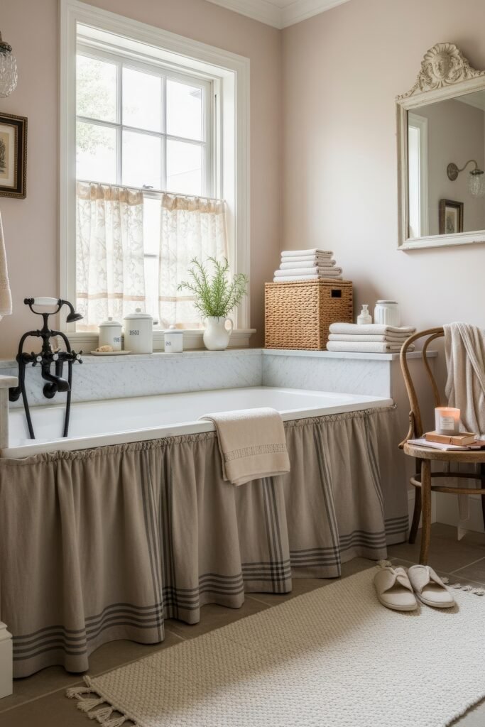 Elegant Ways to Layer french vintage bathroom décor 22 Cozy bathroom with a built-in tub, linen skirt, wicker basket, and neutral tones accented by lace curtains and a candlelit corner chair.