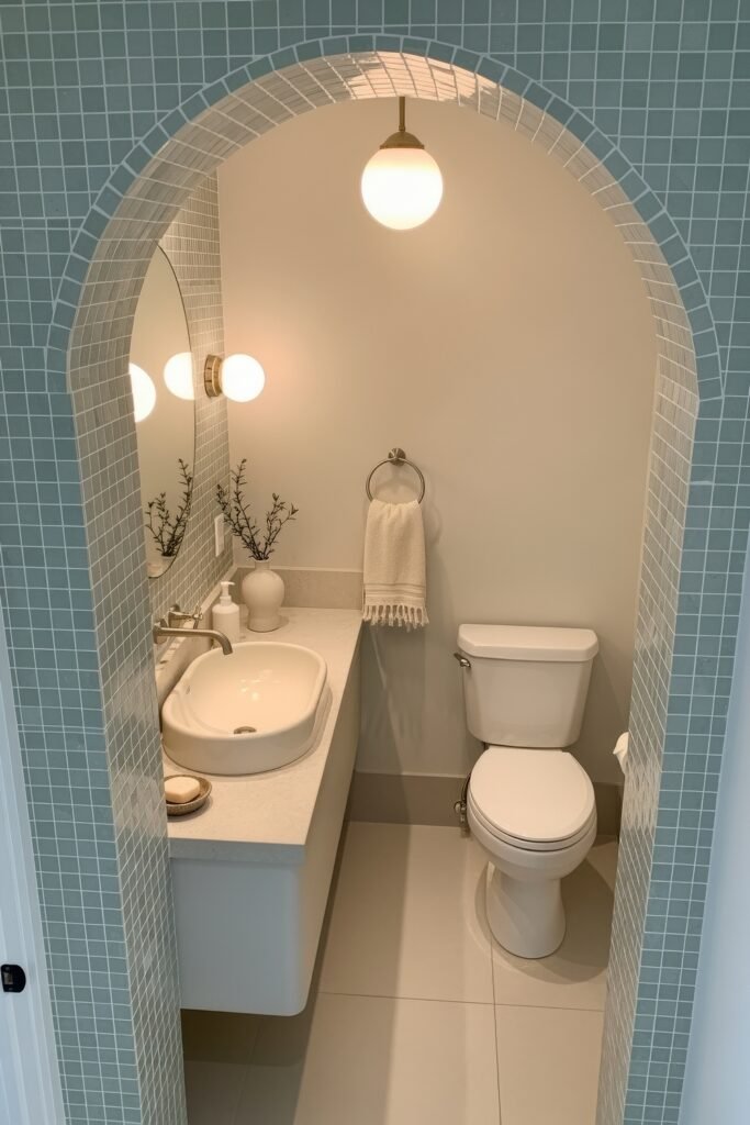 Half Bathroom Decor, Elevated: Jewel-Box Ideas 26 Compact bathroom with arched entry, pale blue mosaic tiles, white vanity, and soft round lighting.