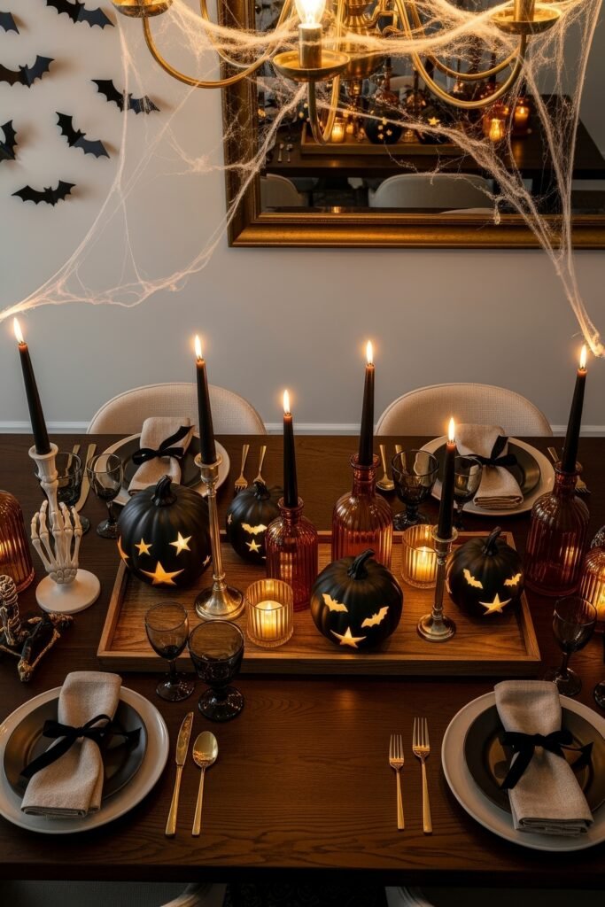 Spooky-Chic Magic: halloween home décor Ideas You’ll Love 25 Elegant dining table styled with black pumpkins carved with stars and bats, black candles, and cobweb chandelier décor for a refined halloween home décor.