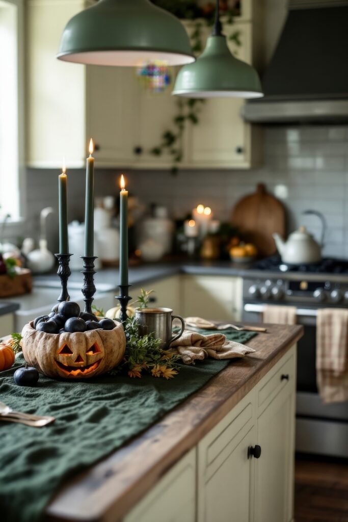 Fresh Ideas for your halloween kitchen 23 A festive kitchen island centerpiece with a carved jack-o’-lantern filled with dark fruit, black candlesticks, and autumn greenery, styled against a cozy halloween kitchen backdrop.