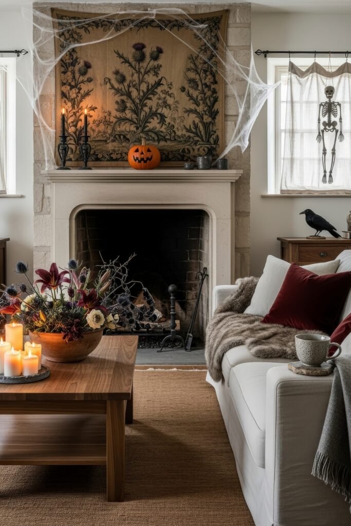 Stylish halloween living room Ideas: 15 Fresh Styles 26 Halloween living room featuring a rustic stone fireplace, jack-o’-lantern, black candles, cobwebs, and moody floral centerpiece.