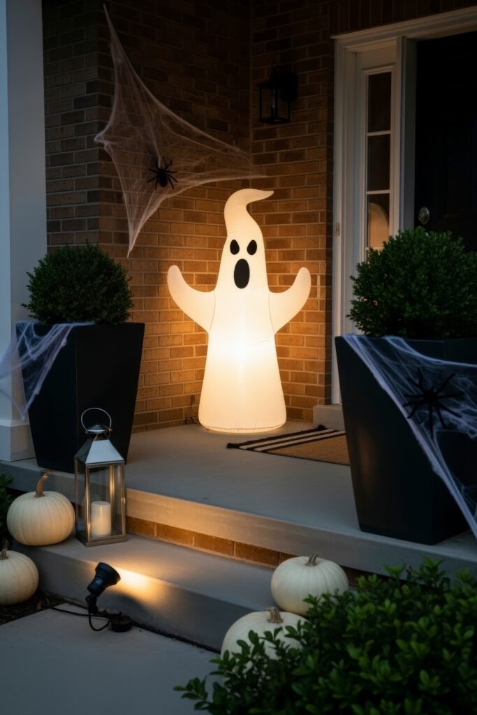 Spooky-Chic halloween porch ideas for Instant Curb Appeal 25 Brick house porch with a glowing inflatable ghost, cobwebs, lantern, white pumpkins, and neatly trimmed greenery.