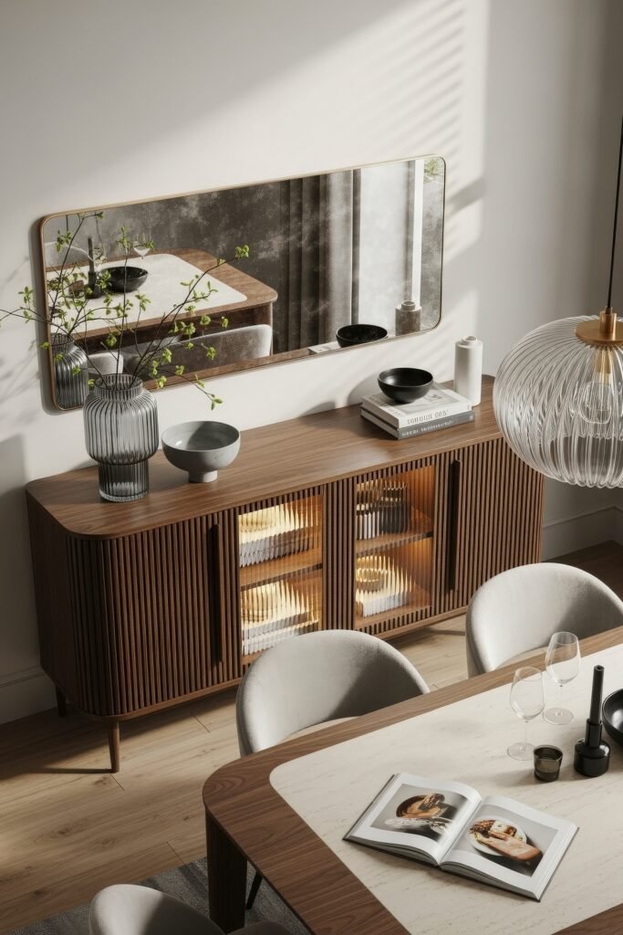 Ideas to Nail a Luxury Apartment Aesthetic 24 Dining space with a ribbed wood sideboard, glass vase of greenery, and soft overhead lighting, accented by a large wall mirror.