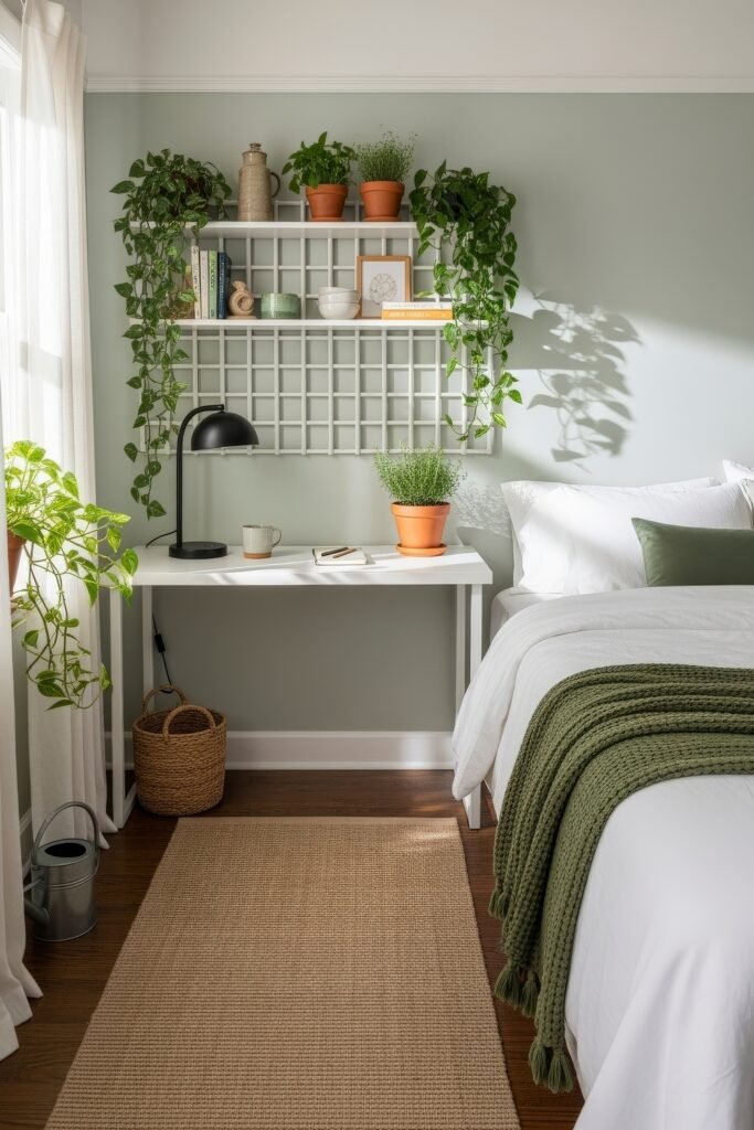 Small Bedroom Office Combo Ideas That Actually Look Chic 30 Fresh, plant-filled bedroom with a white desk under wall shelving, surrounded by greenery, and a bed with a green throw.