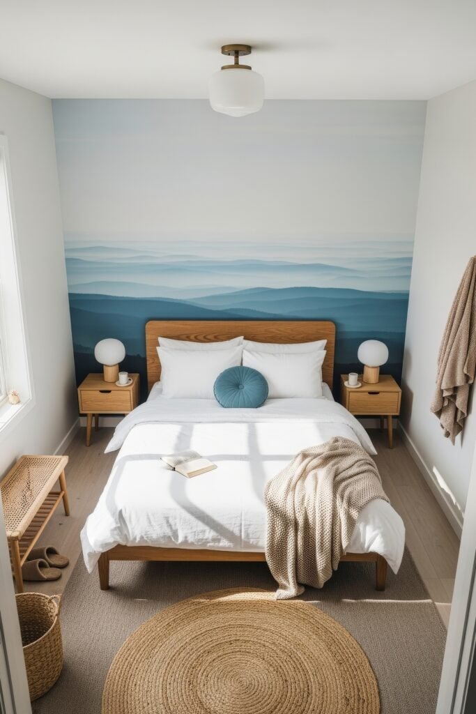 Small Bedroom Style Ideas: 15 Chic Looks That Work 31 Airy small bedroom with a serene blue mountain mural, natural wood furniture, and white bedding accented by a round teal cushion.