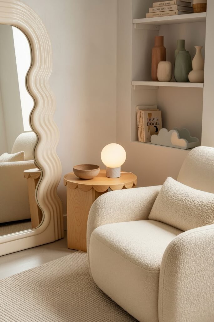 Chic Ideas for Aesthetic Apartment Decor That Feels Effortless 29 Cozy corner with a rounded cream armchair, scalloped wooden side table with globe lamp, and a tall wavy mirror reflecting the softly styled space.