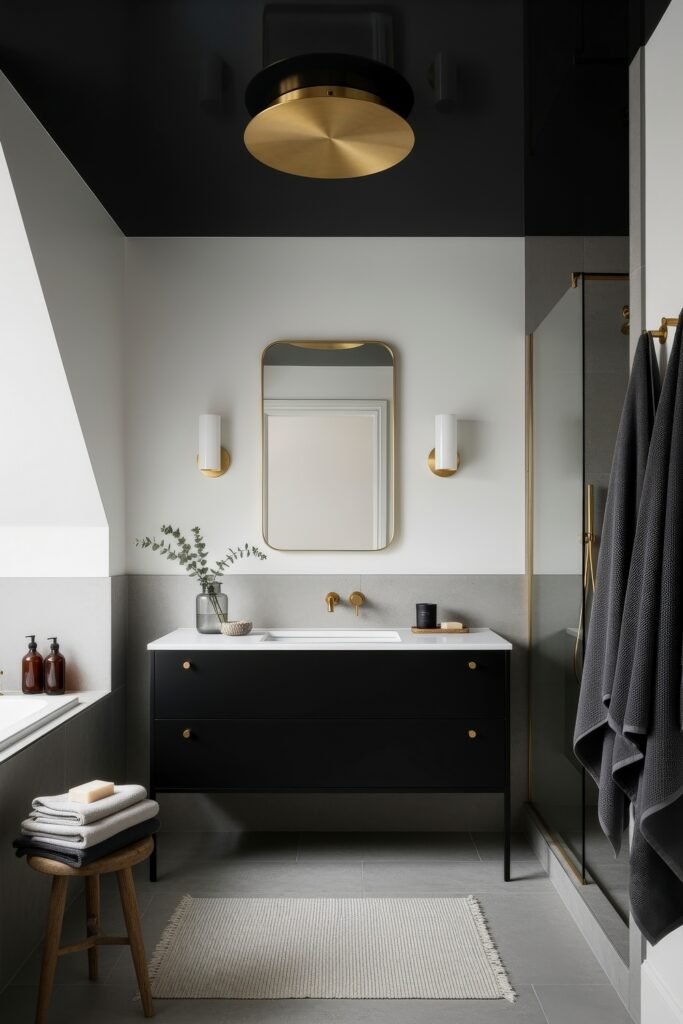 Black and Gold Bathroom Decor Ideas for Luxe Everyday Calm 26 Modern bathroom with a black vanity, gold fixtures, large mirror, walk-in shower, and black ceiling light fixture, styled with folded towels and eucalyptus in a vase.