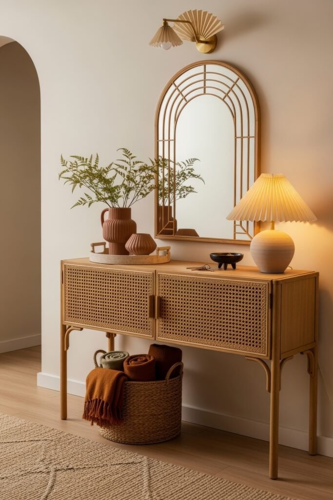 Cozy Boho Fall Decor: Ideas for Warm, Collected Style 29 Entryway console table styled with rattan cabinetry, a terracotta vase with greenery, a pleated lamp, and a basket of folded throws beneath.